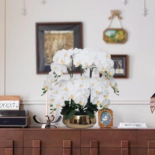 Orchids Artificial Flowers in Large Ceramic Vase 24.8'' Faux Orchid Plant | Large White Fake Silk Phalaenopsis Flower Arrangements for Home Office Centerpiece Decor (Large Realistic Petals, 8 Stems)