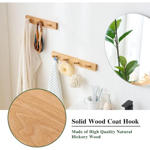 Size 24 Color Hickory Wood Coat Rack Wall Mount 24 inches, Wooden Coat Hooks with 6 Hooks Coat Hanger for Hanging Hat Jacket Purse, Wall Hooks for Entryway, Bathroom, Bedroom, Natural