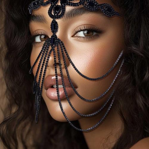 Black Crystal Flapper Head Chain Masquerade Mask Headpiece Wedding Bride Rhinestone Headbands Costume Headwear Women Hair Accessory