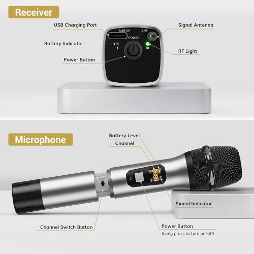 TONOR Wireless Microphones, 60 m/200ft UHF Dual Cordless Metal Dynamic Mic System with Receiver, Microfonos Inalambricos Professional for Karaoke Singing, Wedding, Party, Speech, Church, TW630 Silver