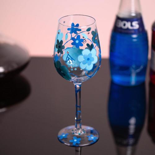 15 OZ Blue flower Artisan Painted Wine Glass,Flower Print Wine Glasses,Lead-Free Glasses Goblet for Home Dinning, Bar and Party Wedding Gift