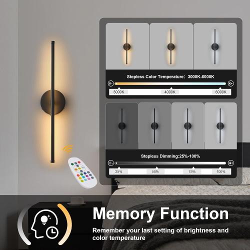 Battery Operated Wall Sconces Set of Two, with Remote Control, Dimmable, Warm White/Natural White/Daylight/RGB, 350°Rotate, LED Black Wireless Wall Light for Living Room, Bedroom, 20.4 Inch