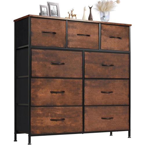 Sweetcrispy Dresser for Bedroom with 9 Storage Drawers, Large Fabric Storage Tower Organizer, Chest of Drawers with Metal Frame Wooden Top for Closet, Living Room, Entryway, Brown