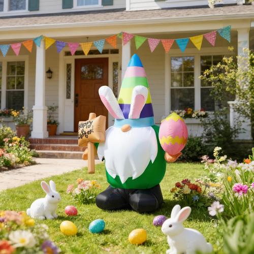 Dawdix 4.6 FT Easter Inflatable Gnome Outdoor Decoration, Blow Up Rabbit Gnome Holding Eggs with Built-in LEDs for Lawn Yard Garden Decor