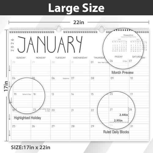 Guasslee Large Wall Calendar 2026, 12 Monthly Calendar from 2026 January-December 2026 Jumbo 22x17 Hanging Desk/Wall Planner with Spiral Bound for School Home Office Organizing