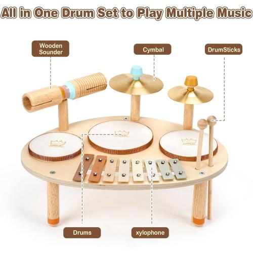 Vanplay Drum Set for Toddler - Toys for 2 3 4 Year Old Girls Boy Gifts - 9 in 1 Wooden Montessori Musical Instruments with Xylophone for Kids 3-5, Christmas Birthday Gifts for Toddlers 2-4