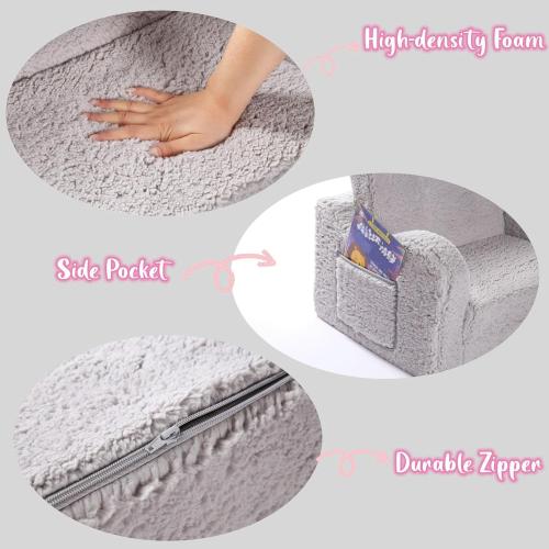 Color grey Kids Sofa, 2-in-1 Flip-Out Foam Couch with Soft Sherpa Cover, Cozy Play Lounge Chair, Grey