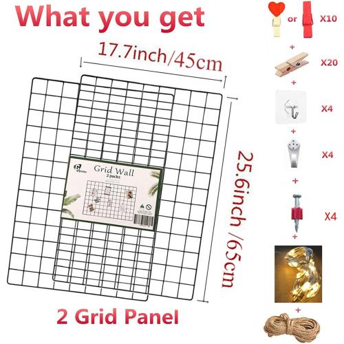 GBYAN 2 Pack Wire Wall Grid Panels with Lights and Clips Large Photo Board for Picture Display Wall Organizer Grid Wall Shelf for Home Office, Room Decoration for Teenagers and Adults