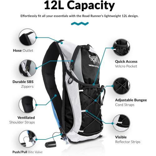 Water Buffalo Hydration Backpack - Lightweight Hydration Pack with 2L Water Bladder - Water Backpack for Hiking, Running, Biking, and Raves - Road Runner 12L Hydropack Backpack