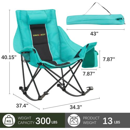 Unisakey Oversized Rocking Camping Chair with Headrest & Cup Holder - 300lbs Capacity, 600D Oxford Fabric, Easy Fold Portable Outdoor Rocker Chair for Camping, Backyard, Beach, Blackgreen