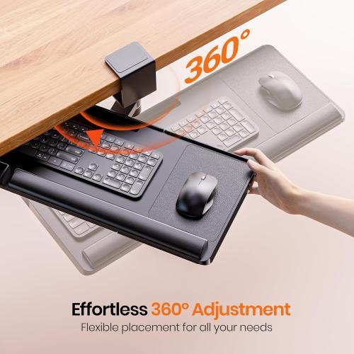 BLACK Klearlook Keyboard Tray Under Desk with 360° Rotation, Ergonomic Computer Keyboard & Mouse Tray 25W×11.02D Sit Stand Desk Keyboard Holder w/Wrist Rest & Storage Drawer (Height is not Adjustable)