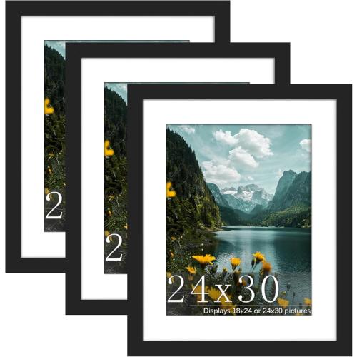Picrit 24x30 Picture Frame 3 Pack, Black Poster Frame, Display Poster 18 x 24 with Mat or 24x30 without Mat for Horizontal or Vertical Wall Mounting