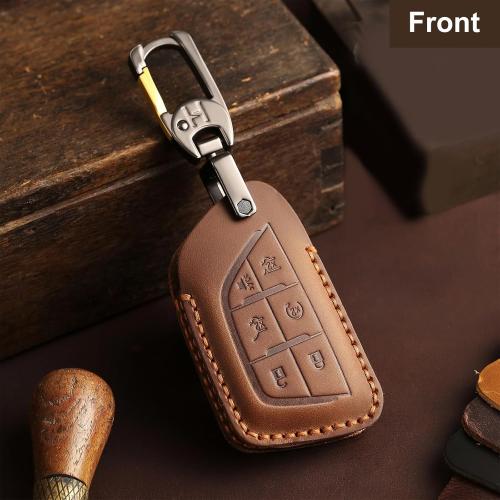 Leather Key Fob Cover, Compatible with 2020~up Cadillac Escalade CT4 CT5 CT6 XTS XT4 XT5 ATS etc, Retro Style Design Key Holder Protector(6 Button, Brown)