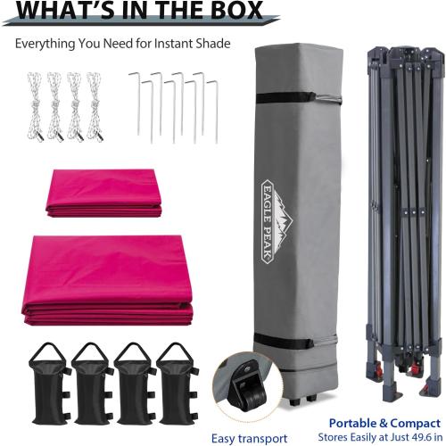 EAGLE PEAK 13x13 Straight Leg Pop Up Canopy Tent Instant Outdoor Canopy Easy Single Person Set up Folding Shelter w/Auto Extending Eaves 169 Square Feet of Shade (Deep Pink)