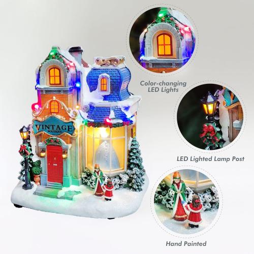 MOMENTS IN TIME Lighted Christmas Village Vintage Boutique LED 10.6” Musical Polyresin Holiday Building, Battery Operated Tabletop Christmas Decoration