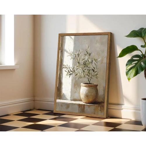 Framed Vintage Olive Tree Wall Art, Textured Sandstone Botanical Pictures Wall Decor, Rustic Neutral Potted Plant Paintings Prints Aesthetic Farmhouse Home Decor for Living Room Bedroom 16x24 inch