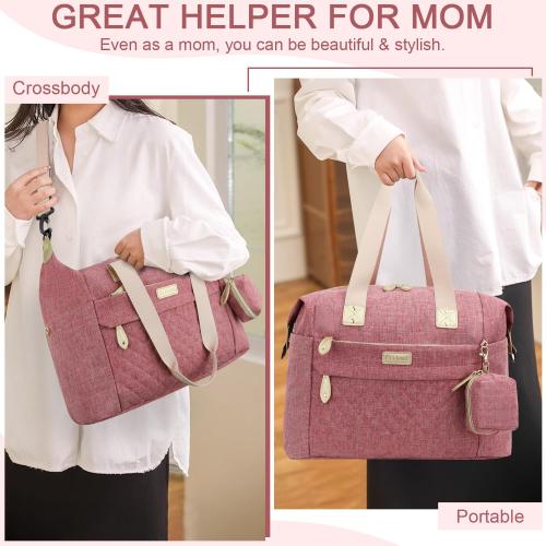 Diaper Tote, Baby Bags with Pacifier Case, Shoulder Straps, Stroller Clips, Waterproof Mommy Bag - Medium, Pink