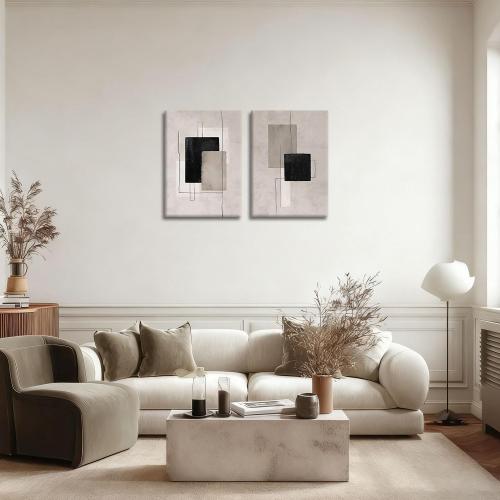 Kdyudo 2 Pcs Large Minimalist Block Line Canvas Framed Wall Art Neutral Abstract Print Poster Wall Decor Black Beige And Brown Geometric Square Line Painting Pictures Living Room Bedroom 16x24 Inch