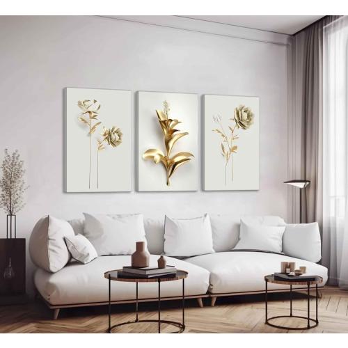 3Pcs Abstract Golden Flower Canvas Wall Art Modern Luxury Minimalism Nordic Floral Plant Painting Picture Wall Decor Poster Print Artwork for Living Room Bedroom Home Decoration