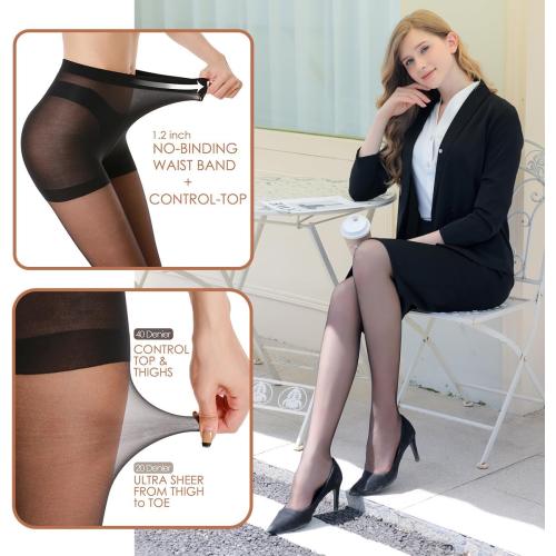 Size L G&Y 3 Pairs Women's Sheer Tights - 20D Control Top Pantyhose with Reinforced Toes