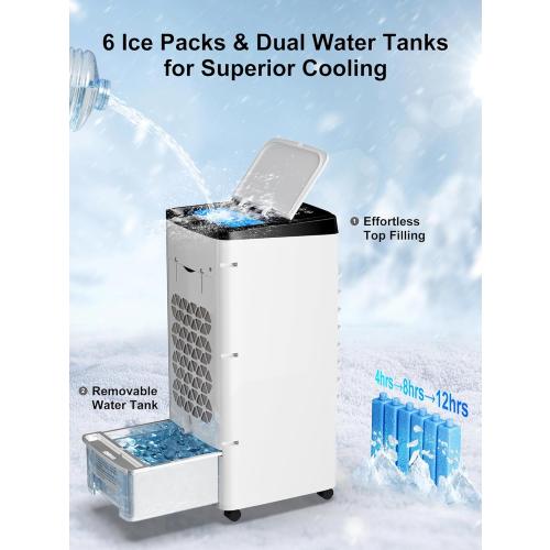 Uthfy Portable Air Conditioners, 3 IN 1 Evaporative Air Cooler with Detachable Water Tank, 6 Ice Packs, 12H Timer, 120° Oscillation, Remote, 3 Speeds, 4 Modes, Swamp Cooler for Bedroom, Office