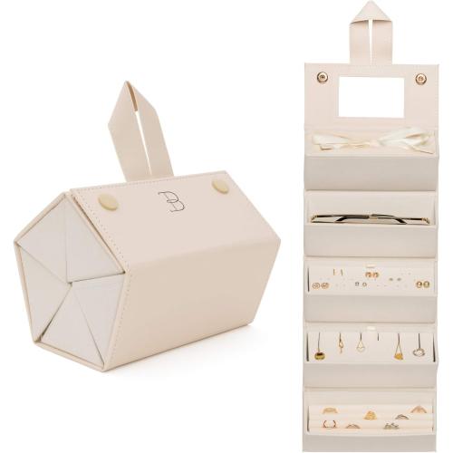 Travel Jewelry Organizer Jewelry Box – Luxurious, Compact Jewelry Travel Organizer w/Necklace Holder, Earring Organizer, Ring Holder, Hidden Compartments Jewelry Roll Case w/ 5X Capacity! (BEIGE)