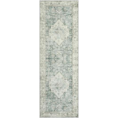 Washable Small  Runner Rug for Bathroom, Non Slip Kitchen Mats for Floor Entryway, Boho Indoor Front Door Mat Low-Pile Runners for Hallways, Farmhouse Rugs for Laundry, Sage Green
