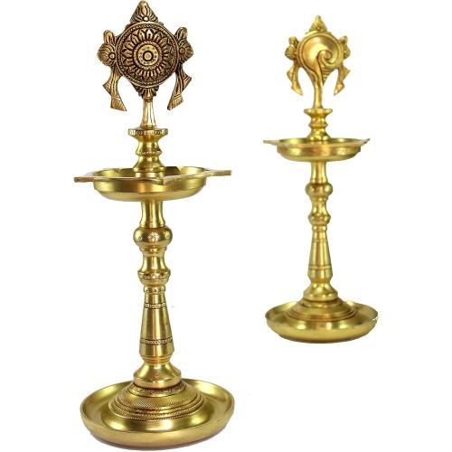 Brass Oil Lamps - Shankh Chakra Narayan Oil Lamp, Diya, Deepam, Brass Lamps Kuthu Vilakku 13 Inches