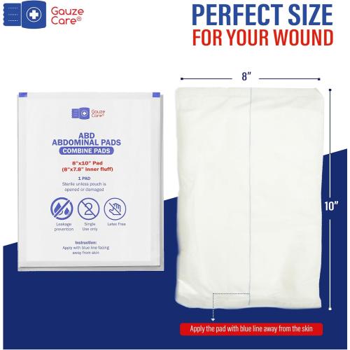 GauzeCare Sterile Abdominal- ABD Combine Pads| 24-Pack, 8x10 Inches| Extra Absorbent & Thick, Individually Wrapped Wound Dressing, First Aid Pads| Surgical-Grade, Nonstick- for Heavy Leakage, Post Op