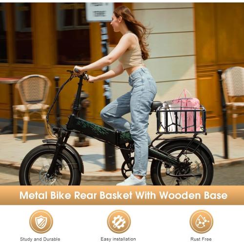Bike Rear Basket with Waterproof Cover, Cargo Net, Wooden Base, 13.8X11.8X6.7 Heavy Duty Metal Ebike Rear Basket