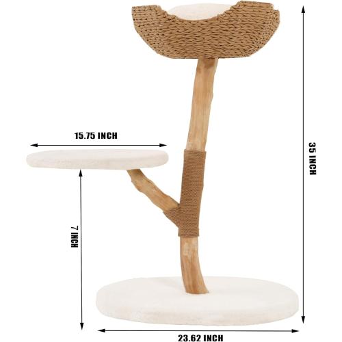 Modern Cat Tree, Natural Pear Wooden Cat Tower for Indoor Cats, Real Branch Luxury Cat Condo with Scratching Post & Hanging Toy Ball（35 Tall）