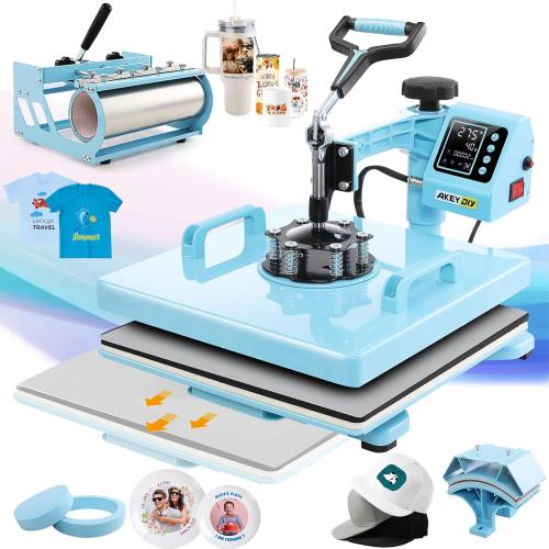Heat Press Machine, 15x15 Heat Press for t Shirts with Attachment 30oz Sublimation Tumblers Press, Hat Press, Plate Printing, DIY Heats Transfer Press Vinyl for Beginners Blue