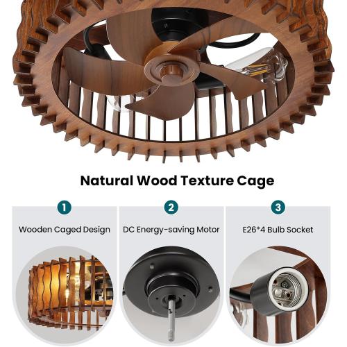 20 Flush Mount Ceiling Fan with Light, Wooden Caged Low Profile Fandelier with Remote, 6-Speed Reversible Bladeless Fan, Farmhouse Ceiling Fan for Bedroom, Kitchen, Living Room