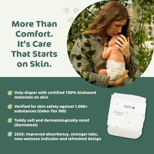 4 packs Naty BioEmbrace Baby Newborn Diapers Size 2 (6–13 lbs) | 100% Biobased on Skin | Plant-Based Softness | Dermatologically Tested, Super Absorbent | 33 Count