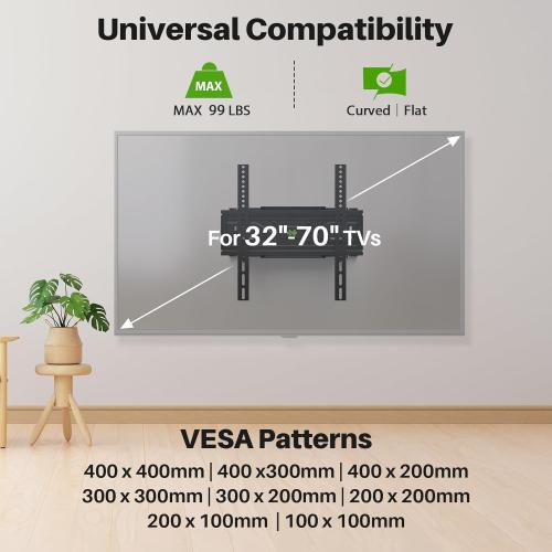 USX MOUNT Full Motion TV Wall Mount for Most 32-70 inch TVs up to 99 lbs, Wall Mount Bracket with Dual Articulating Arms, Swivel, Tilt, Max VESA 400x400mm, TV Mount Fits 12”/16” Wood Studs