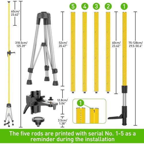 Huepar 12 Ft./3.7M Professional Laser Level Pole with Tripod and 1/4-Inch by 20-Inch Laser Mount for Rotary and Line Lasers, Adjustable Telescoping Laser Pole with 5/8-11 Threaded Adapter-LP36A