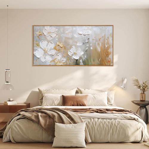 HPNIUB Large White Flower Framed Wall Art Modern White and Gold Floral Canvas Oil Painting Nature Botanical Wall Decor Abstract Aesthetic Artwork for Living Room Bedroom Decor -20x40