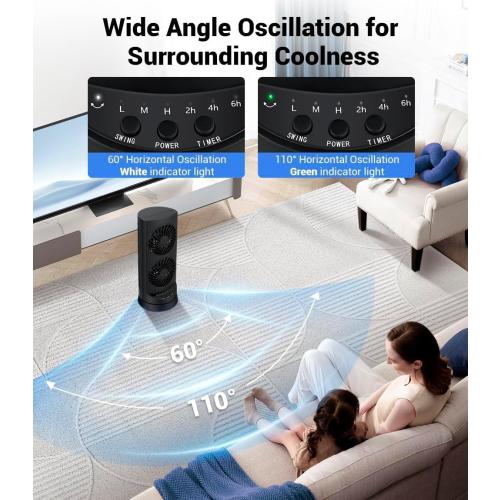 Personal Tower Cooling Fans that Blow Cold Air, Standing Small Desk Fan with 3 Speeds & Timer, 60° & 110° Oscillating Table Fan, Quiet and Safe Electric Floor Fan for Bedroom, Bedside, Home, Office