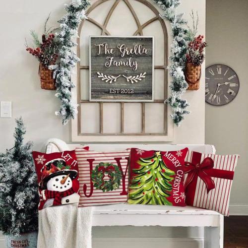 RABUSOFA Christmas Pillow Covers 18x18 Inch Set of 4 with 8 Design Double-Sided, Let It Snow Snowman Joy Stripes Gift Box Red Xmas Tree Winter Holiday Throw Cushion Case Decorations for Sofa Couch