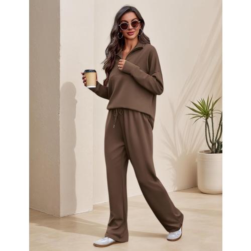 Large - Totatuit Womens Sweatsuits 2 piece Set Lapel Half Zip Lightweight Sweatshirts and Wide Leg Pants Tracksuit Lounge Sets