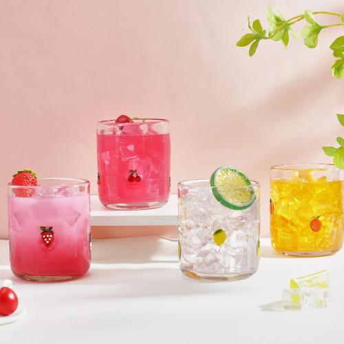 SiliFine 4 Pack Fruit Icon Juice Glasses Set - 14 oz Lemon, Strawberry, Cherry, Orange Stemless Glass Cup for Coffee Wine Cocktail Drinking - Summer Birthday Holiday Party Supplies & Ideal Gift