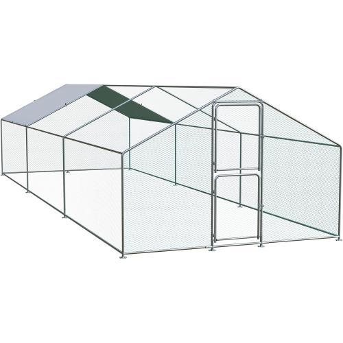 Silver 10ft x 20ft Large Chicken Coop, Chicken Coops for 30 Chickens, Chicken Runs for Yard with Water Poof & UV Resistance Cover, Spire Roof Chicken Coop Run with Double Lockable Doors for Outdoor Backyard