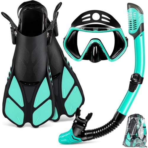 ZEEPORTE Mask Fin Snorkel Set with Adult Snorkeling Gear, Panoramic View Diving Mask, Trek Fin, Dry Top Snorkel  Travel Bags, Snorkel for Lap Swimming
