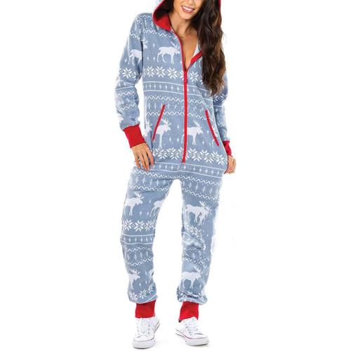 XL Women Hooded Fleece Pajamas 3D Printed Christmas Sleepwear 1-Piece Jumpsuit Homewear Romper
