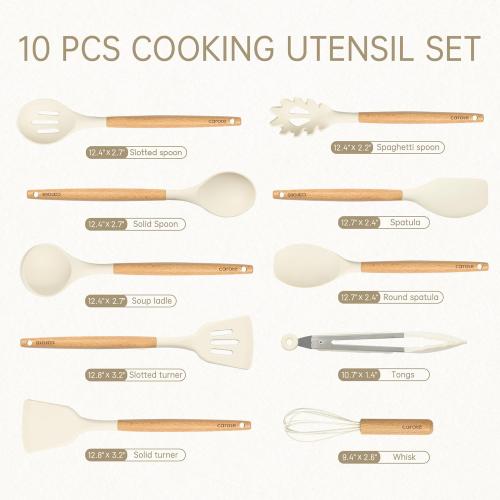 Cream White 10Pc Set CAROTE Silicone Cooking Utensils Set, Kitchen Utensils Set 10 Pcs for cooking, BPA Free Spatula Set with Heat Resistant Wood Handles for Nonstick Cookware (Cream White)