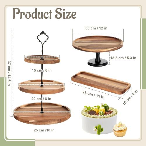 Havawish 7 Pcs Wood Dessert Table Display Set, 3 Tier Wooden Cupcake Stand Round Cake Stand Rectangular Serving Tray Platter for Display Tea Party Wedding Farmhouse(Natural Color)