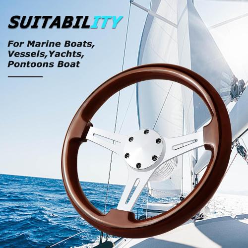 13.8 Boat Steering Wheel with 3/4 Tapered Shaft, 6 bolts Wood Grain Classic Nostalgia Boat Steering Wheel for Seastar and Verad, for Marine Boats, Yacht,Vessels,Pontoon Marine-Mirrored-silver