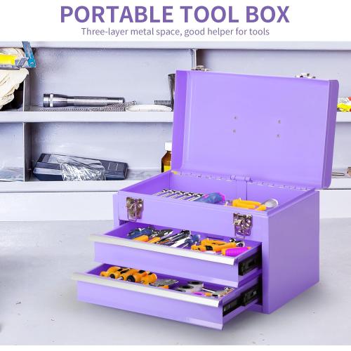 14 Inch Steel Portable Tool Box with drawers - Tool Storage Box Organizer with Metal Latch Closur - Powder Coated Toolbox Chest for Tools Storage Cabinet (PURPLE)