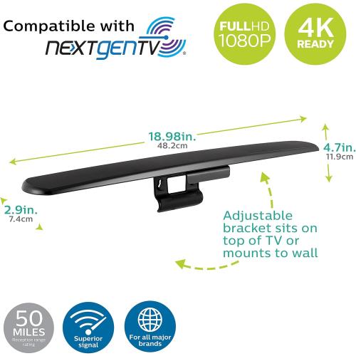 Philips Hover Amplified HD Digital TV Antenna, Long Range Smart TV Antenna, Easy Mount on Top of TV Design, Supports 4K 1080P HD VHF UHF, Signal Booster, Coax HDTV Cable/AC Adapter, SDV7219N/27