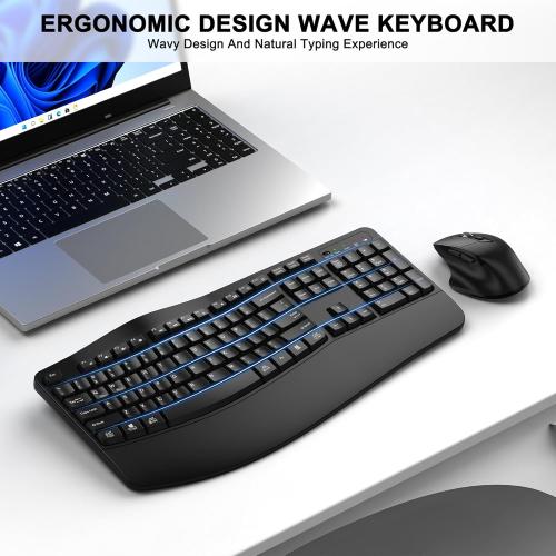 Wireless Keyboard and Mouse Combo, 2.4G Full Size Wave Keys Ergonomic Keyboard with Wrist Rest and 3-Level DPI Adjustable Wireless Ergonomic Mouse for Windows, Mac OS Desktop/Laptop/PC(Black)